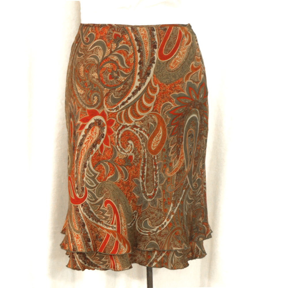 Nine West Earth Tone Paisley 100% Silk Midi Skirt